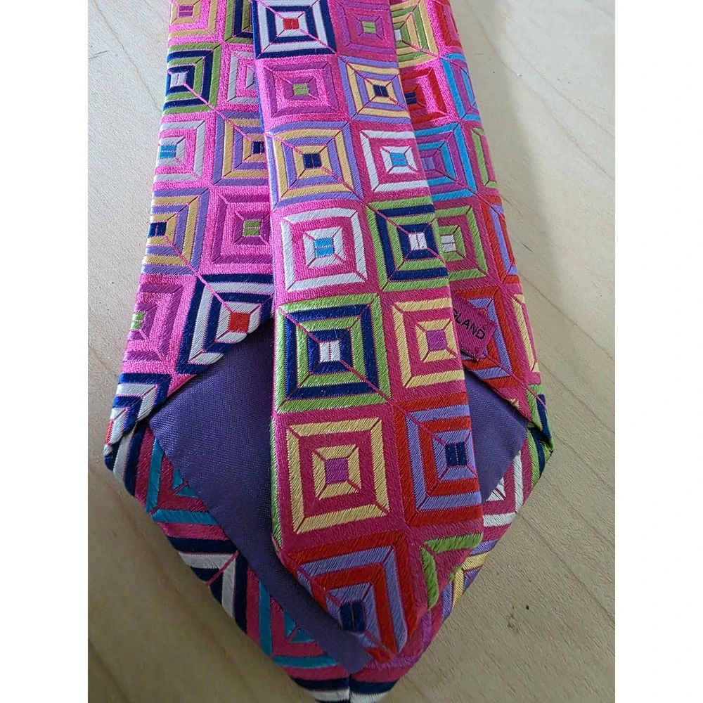 Handmade in England Silk Tie Pink Geometric Concentric Square Embroidered Mens